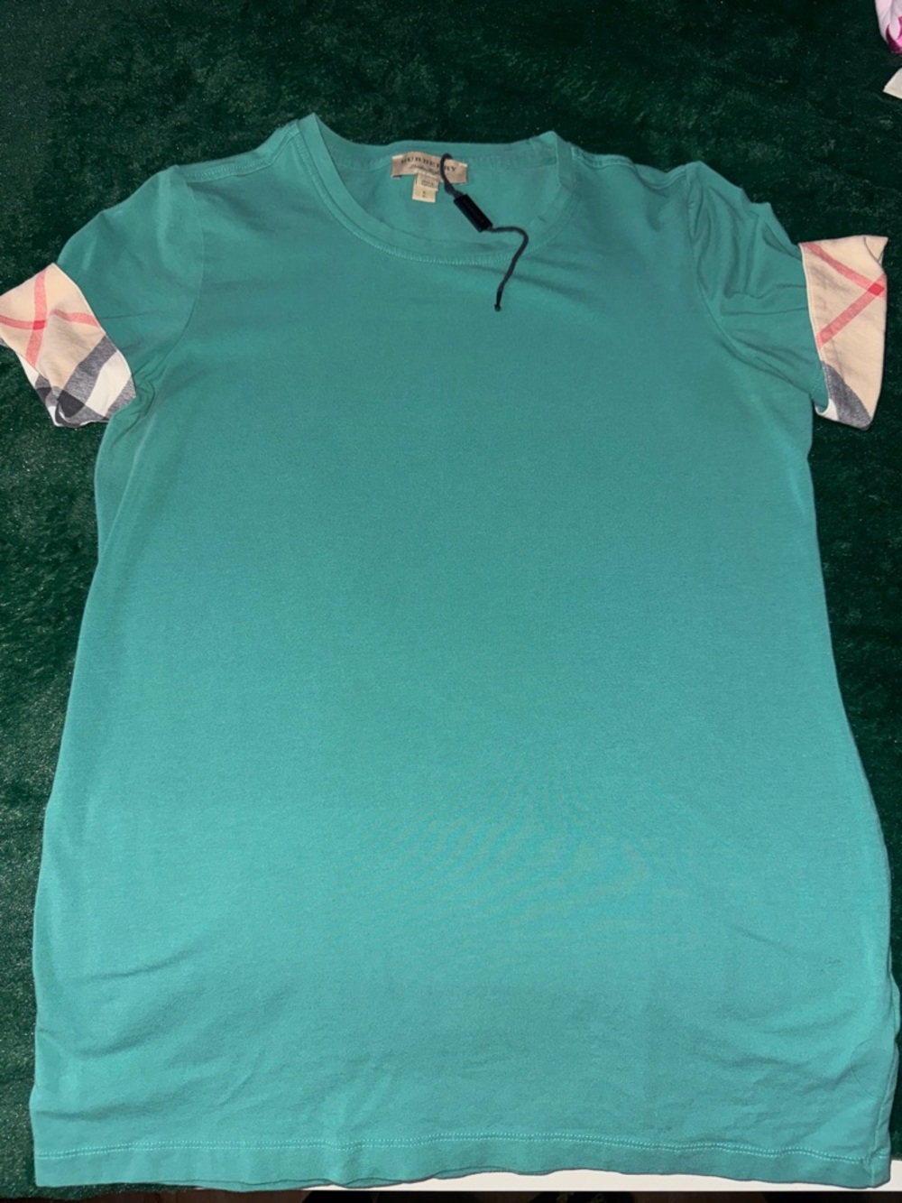 Burberry Teal Cotton Short Sleeve Top with Signature Check Cuffs